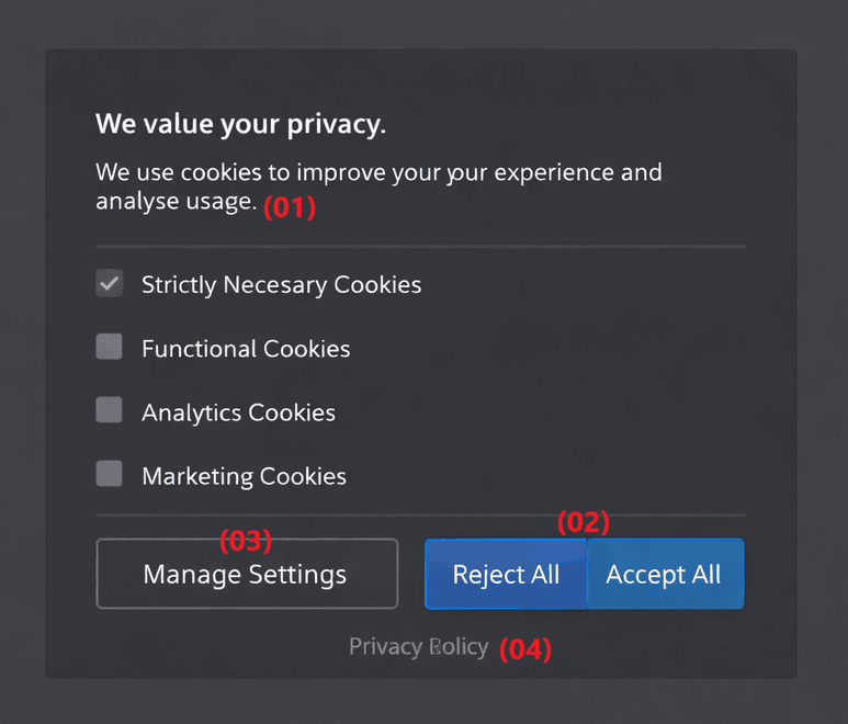 Cookie Consent and GDPR: Make Your Website Compliant in 2026 Compliant Cookie Consent Banner With Four Callout Labels