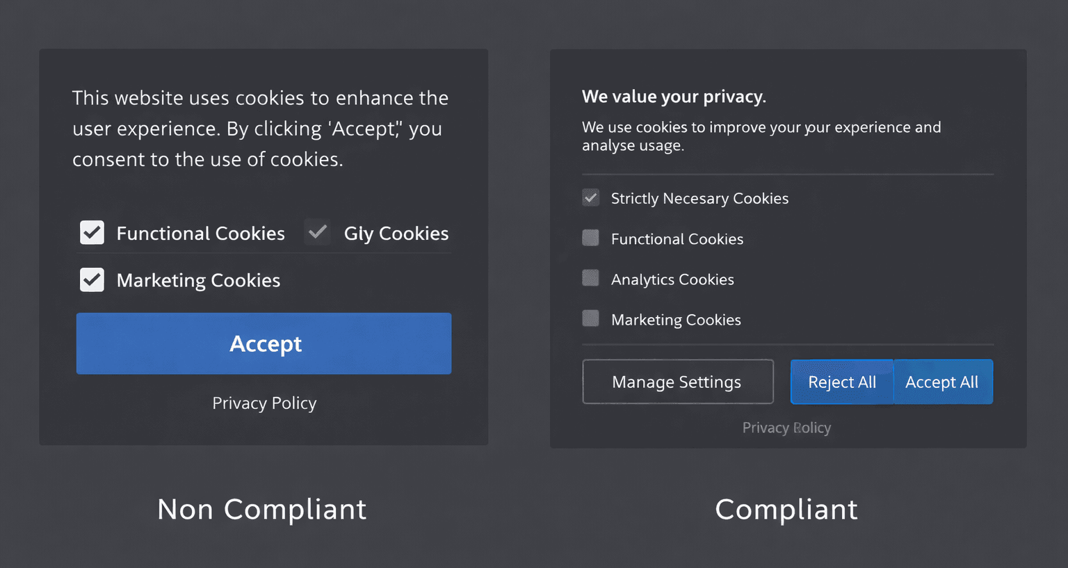 Cookie Consent and GDPR: Make Your Website Compliant in 2026 Compliant and Non-compliant Cookie Banner