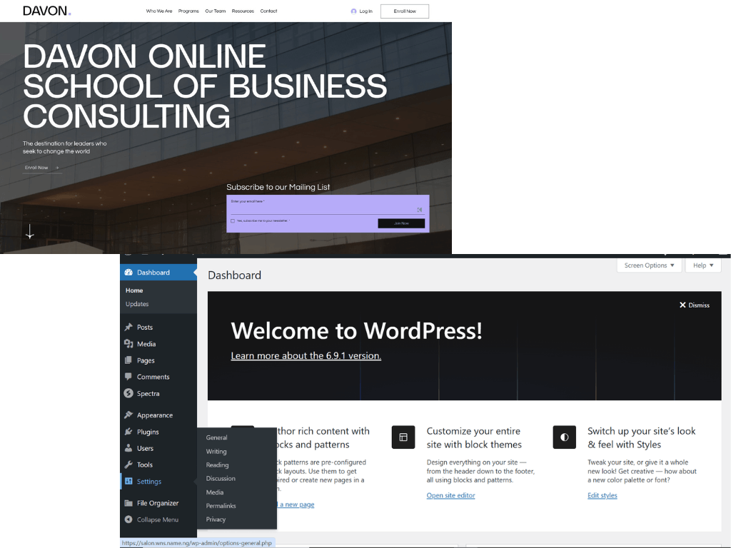 A Finished Homepage and WordPress Dashboard