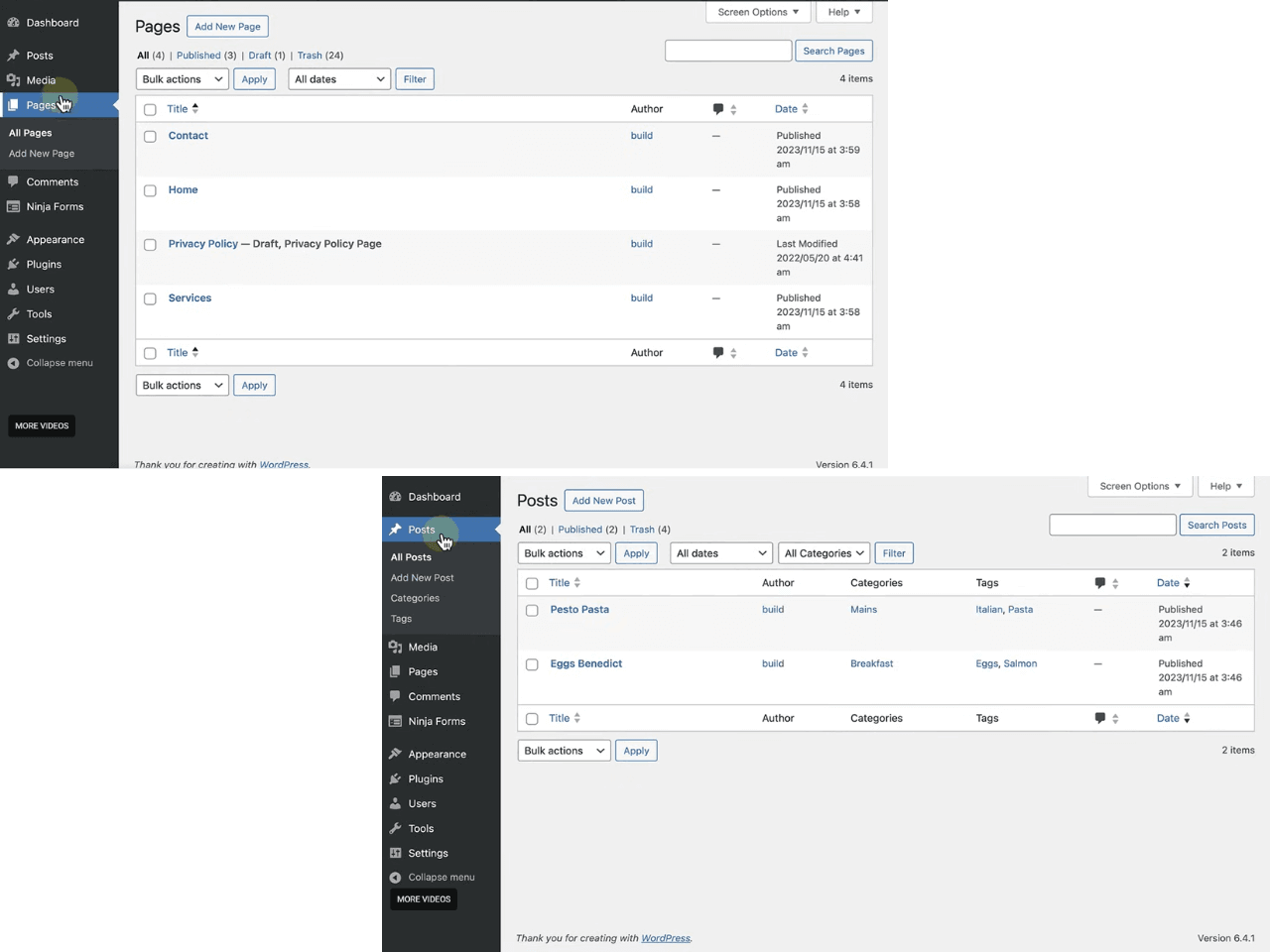 WordPress Posts and Pages List View