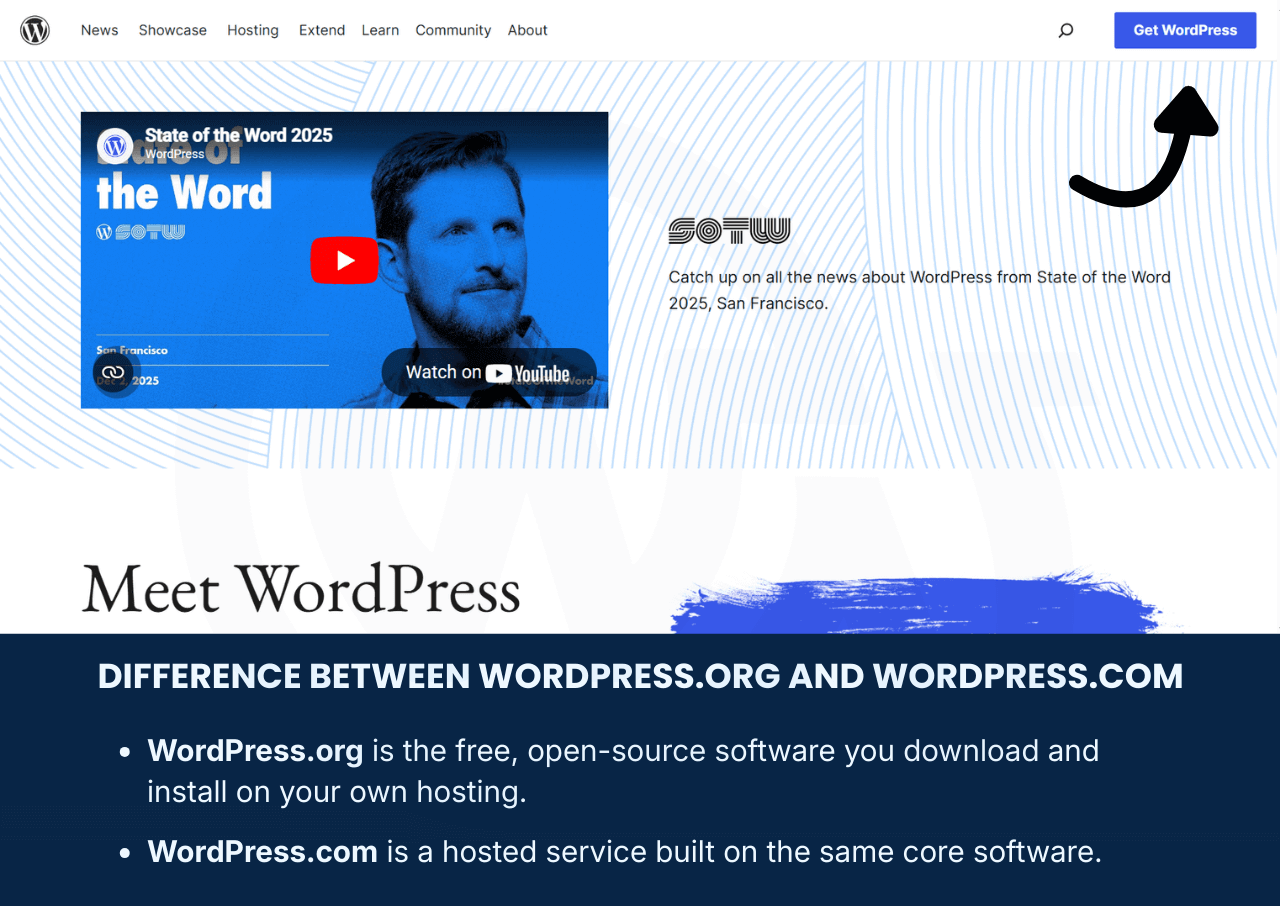WordPress.org Homepage Showing the "Get WordPress" Button