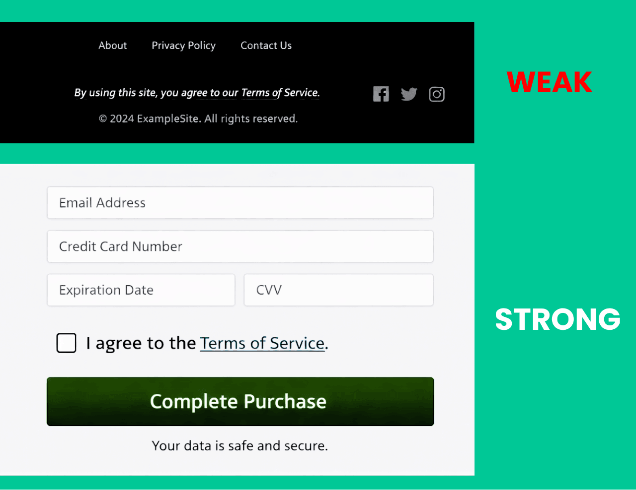 Terms of Service Explained: Protect Your Online Business Legally Comparison Showing A Weak vs Strong Browsewrap Example