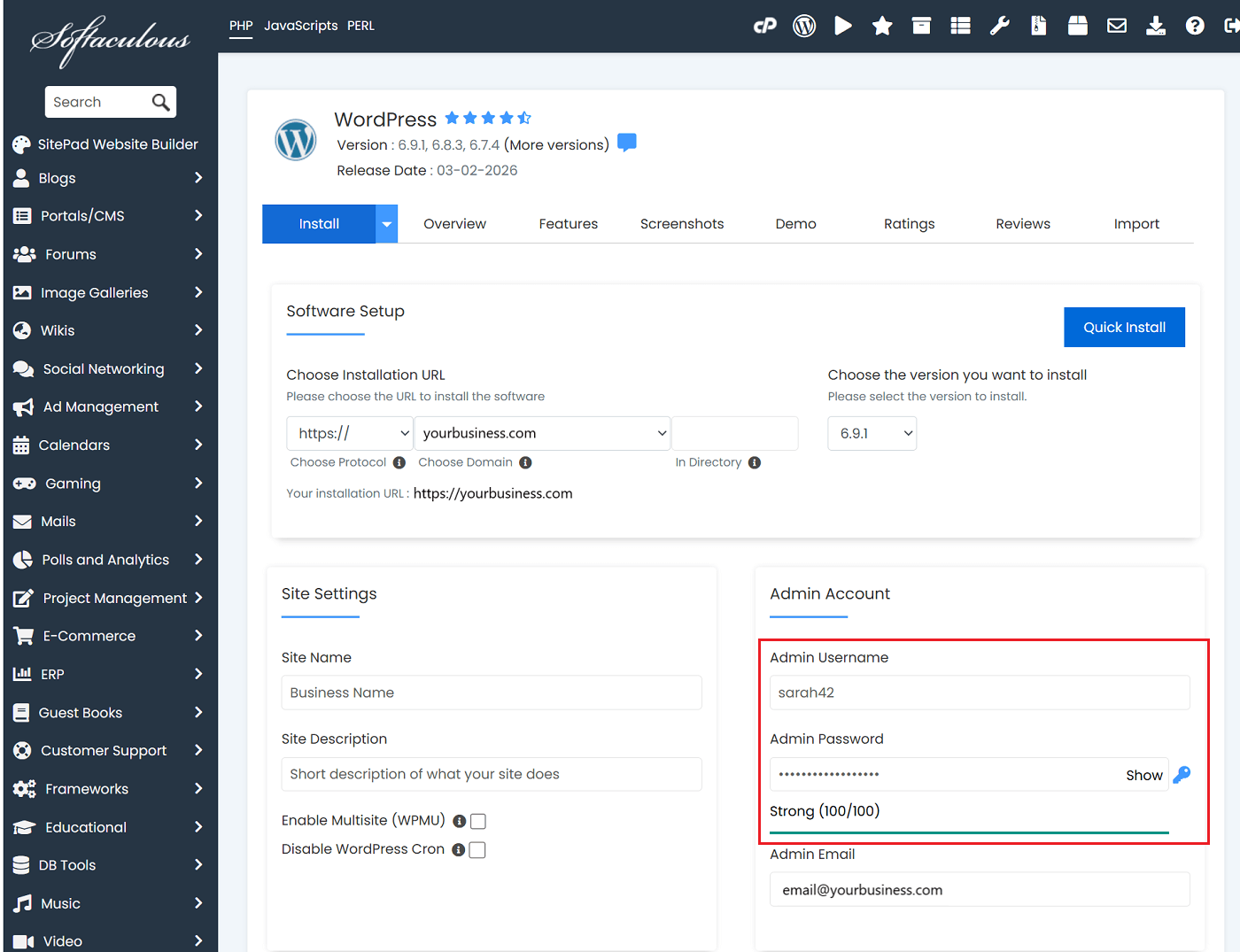 Complete Softaculous Installation Form With All Fields