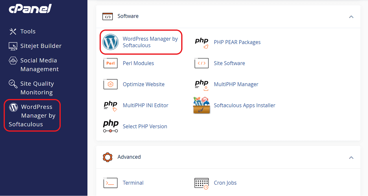 Screenshot of a Standard cPanel Dashboard With the Softaculous Apps Installer Section.