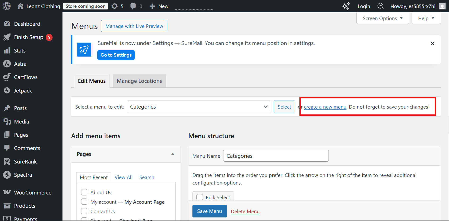 WordPress Create a New Menu Screen