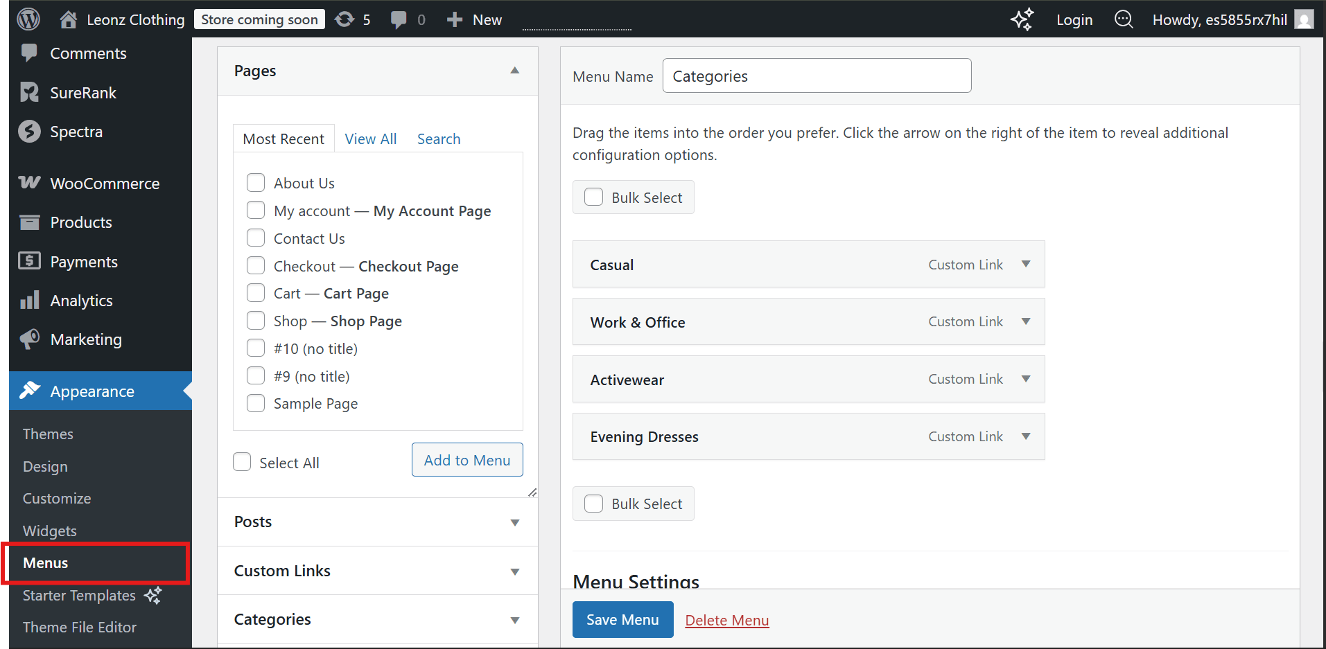 WordPress Dashboard Appearance Menu