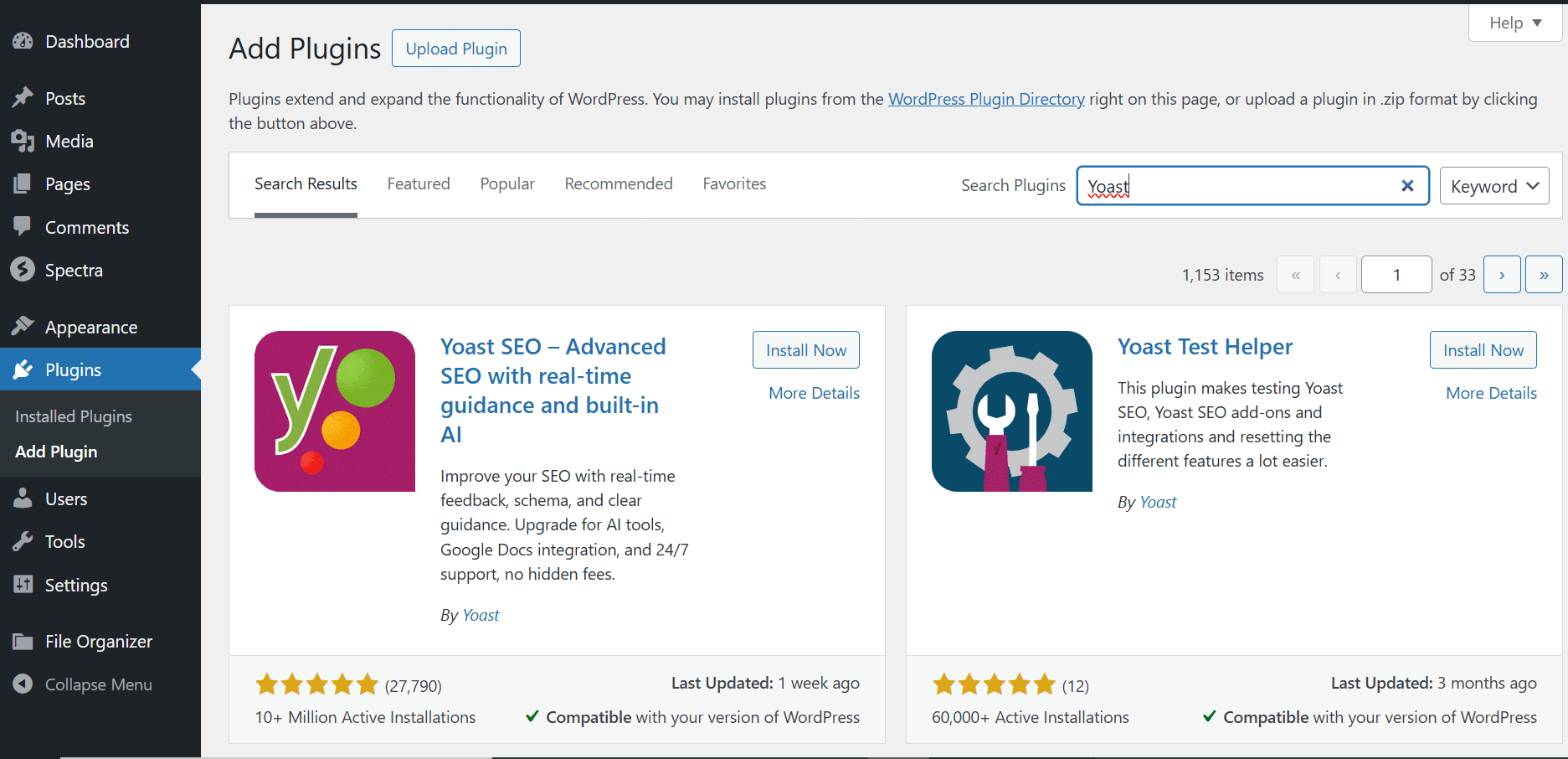 WordPress Plugin Search Results Showing Yoast SEO Listing