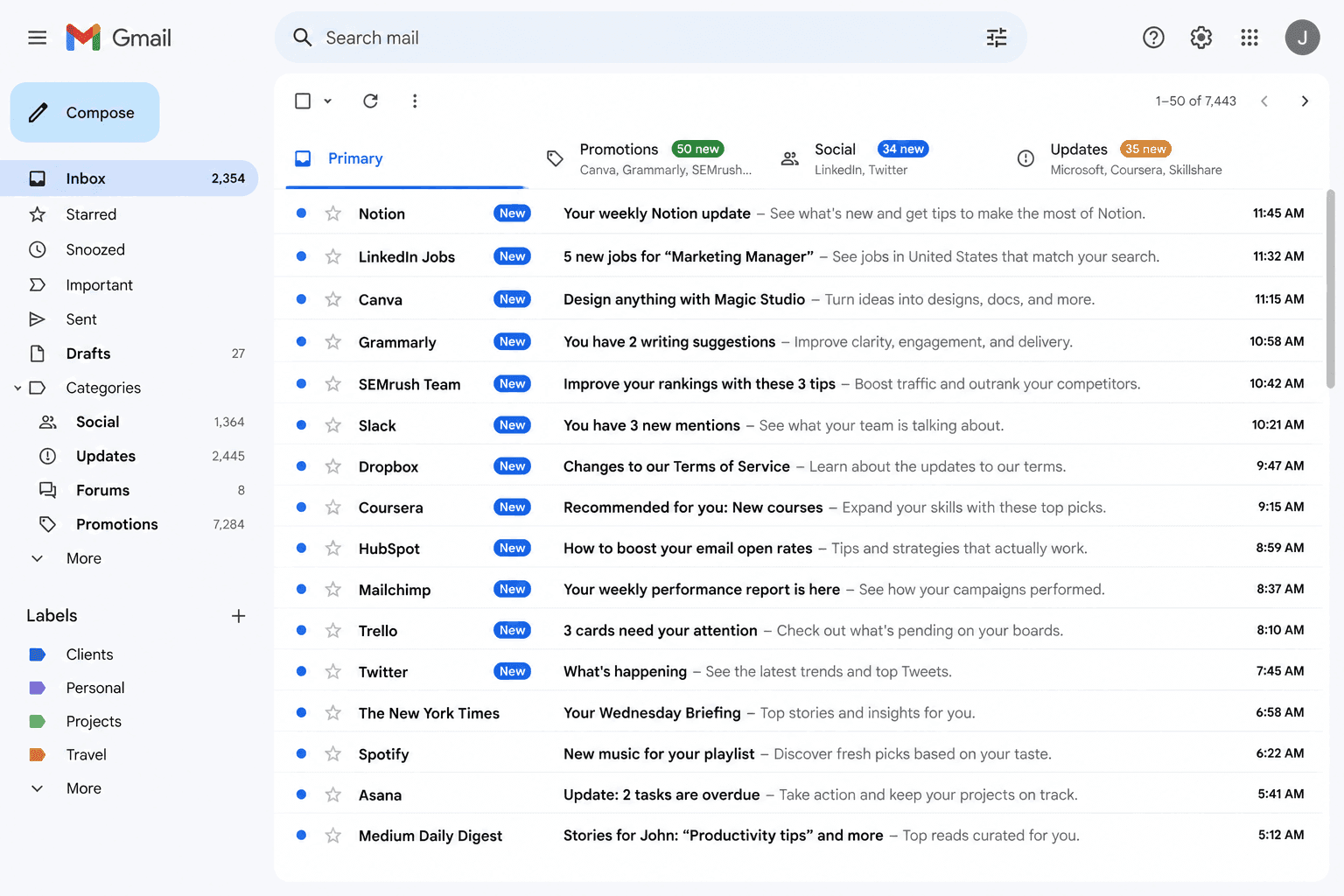 crowded email inbox showing multiple unread emails and illustrating competition for subscriber attention