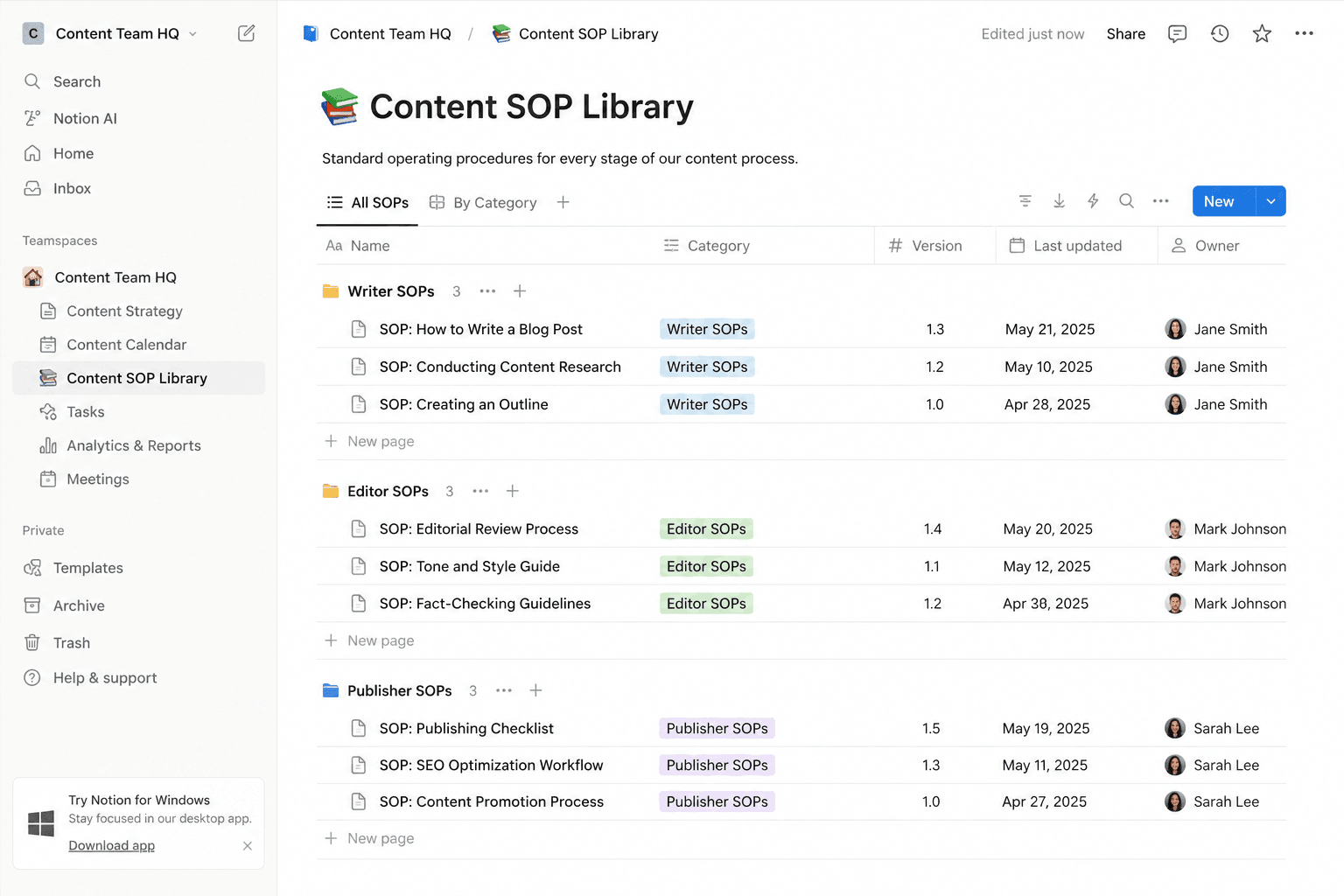 Writing SOPs for Content: Document Your Content Creation SOP for Consistency Notion Workspace Showing a Content SOP