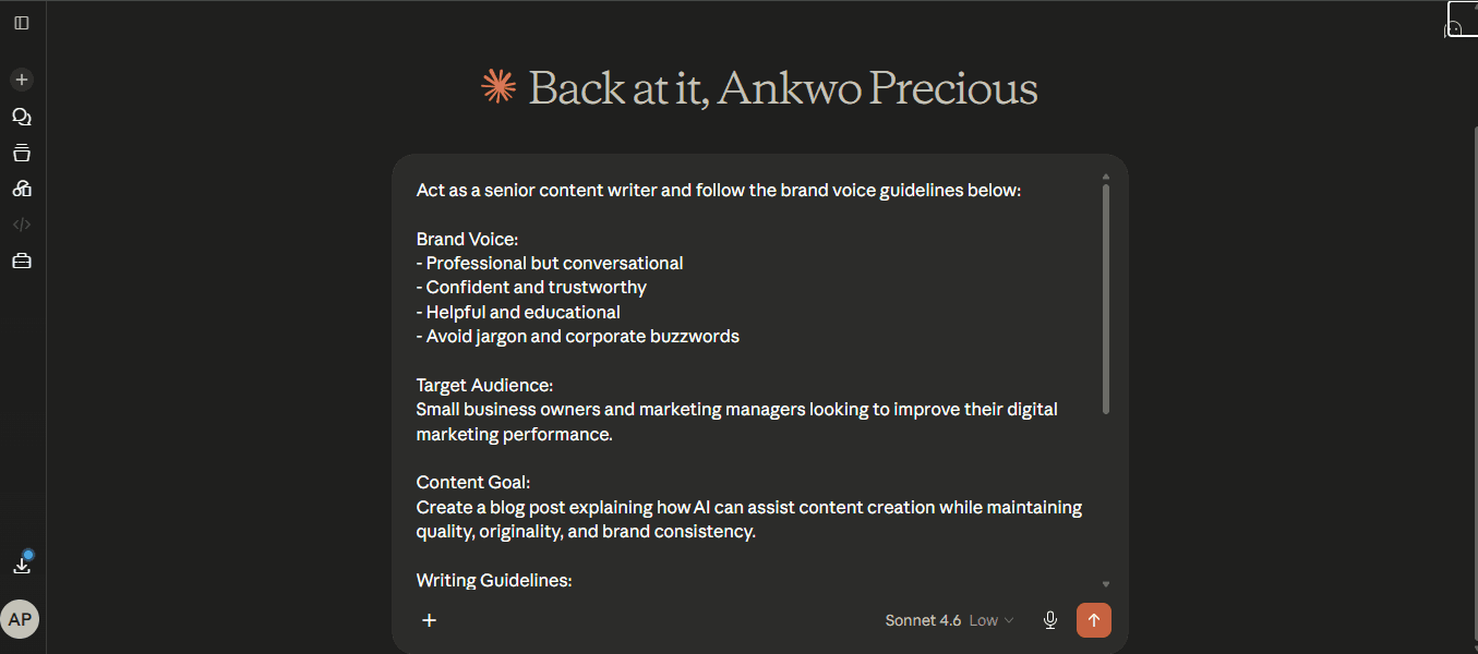 claude prompt window showing a detailed brand voice instruction being typed