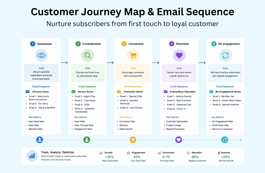 five stage email automation customer journey map
