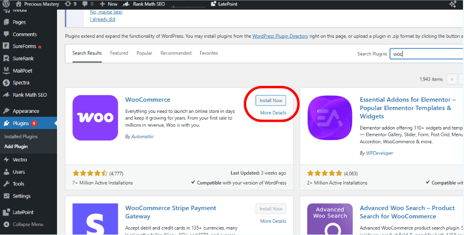 WooCommerce Setup Guide: Build Your Online Store Step by Step wordpress plugin search showing woocommerce installation