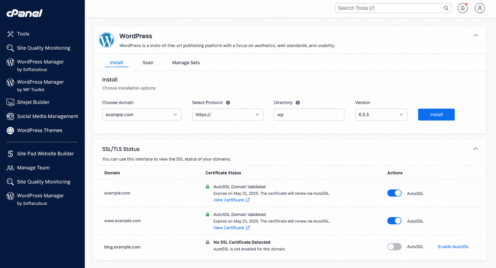 WooCommerce Setup Guide: Build Your Online Store Step by Step cpanel dashboard with one click wordpress installation with ssl activation