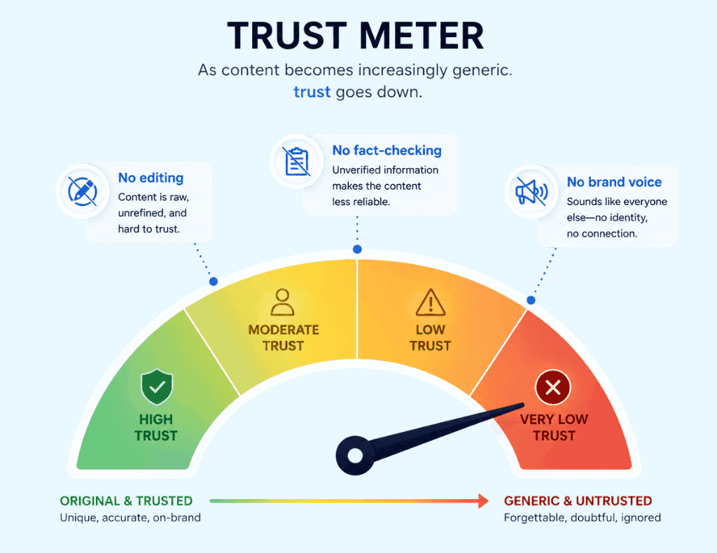trust meter graphic showing the needle dropping as content becomes increasingly generic