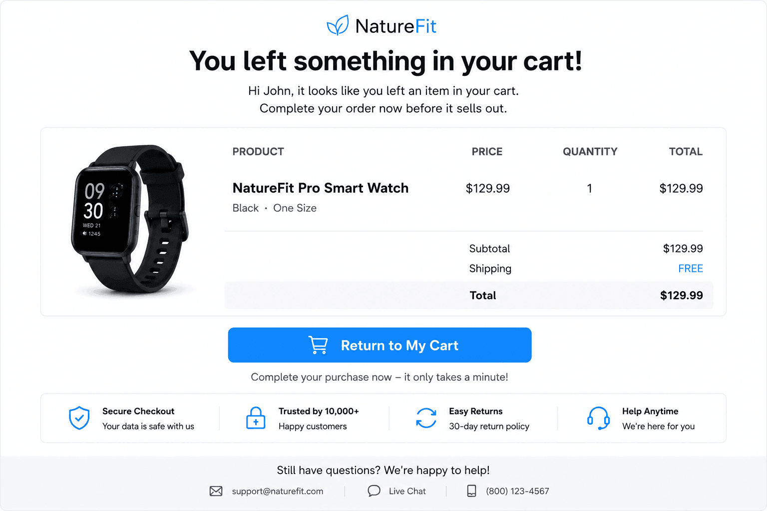 abandoned cart recovery email with return to cart button