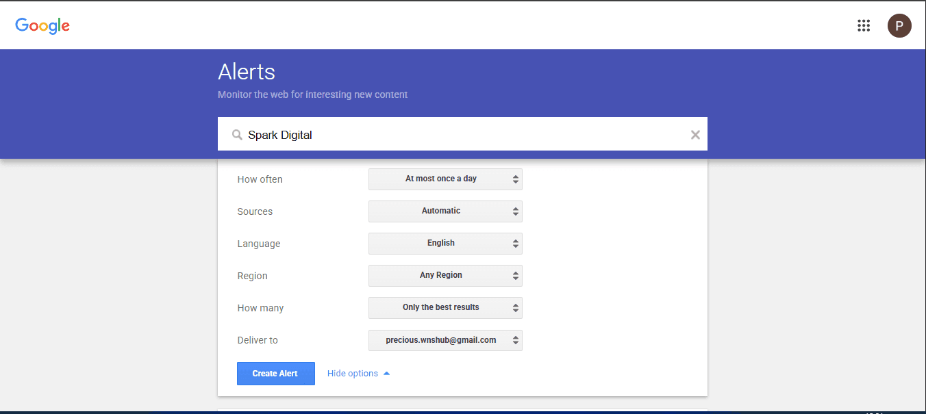 Link Building for Beginners: Earn Backlinks Without Shady Tactics google alerts configuration page with brand name and alert settings