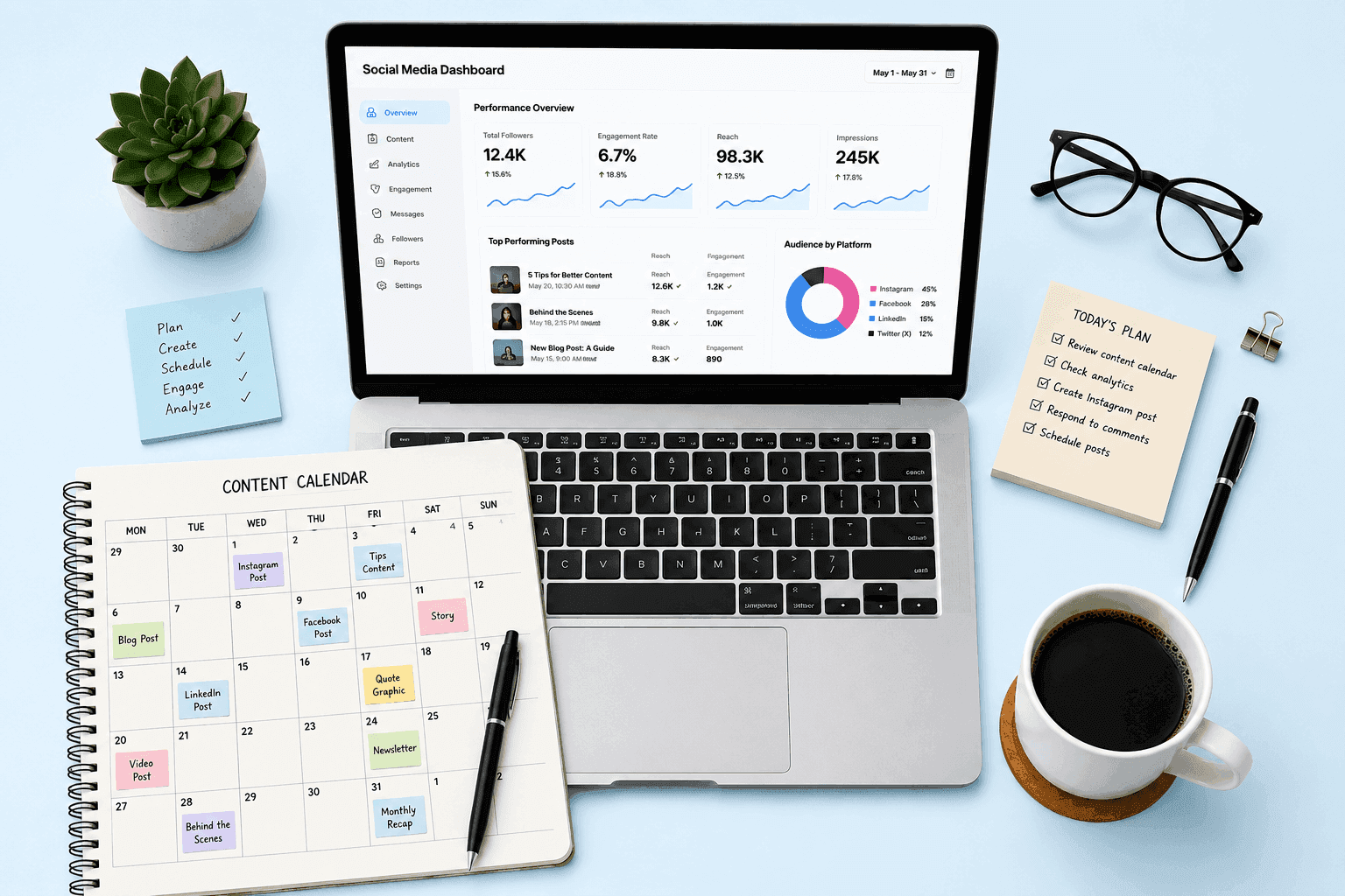 Social Media Management for Business: How to Choose and Automate Your Workflow social media content planning workspace with laptop and calendar