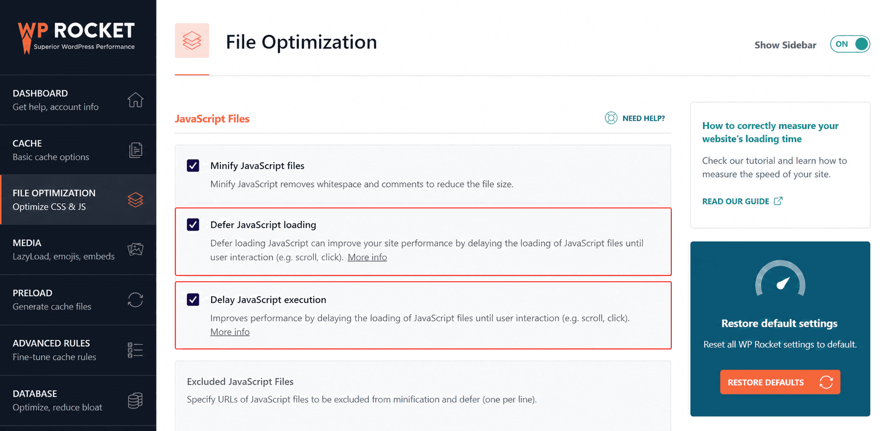 Mobile Performance Optimization: Make WordPress Fast on Phones wp rocket javascript settings showing defer js and delay js options