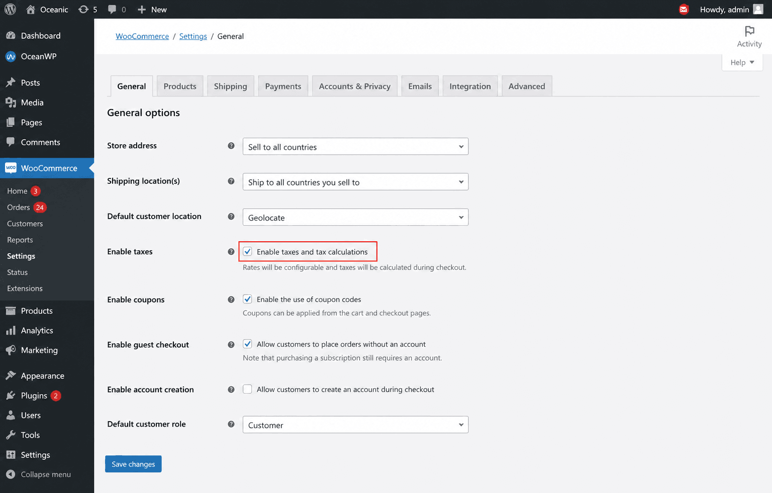 woocommerce general settings page showing enable taxes checkbox