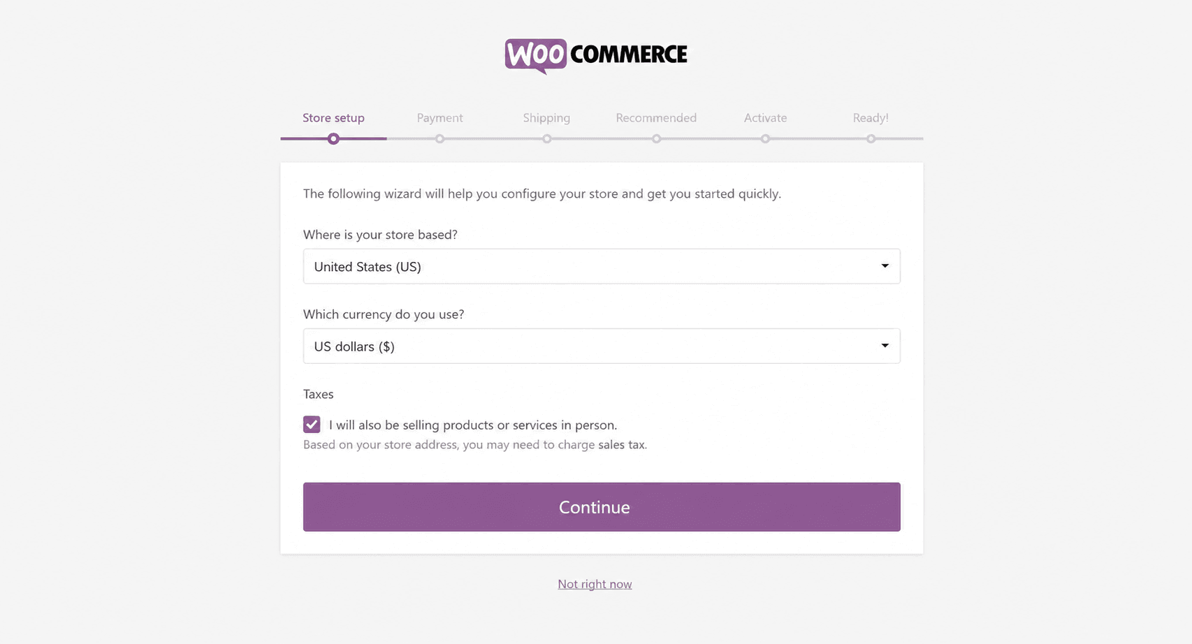 woocommerce setup wizard showing store country, currency setting and tax configuration