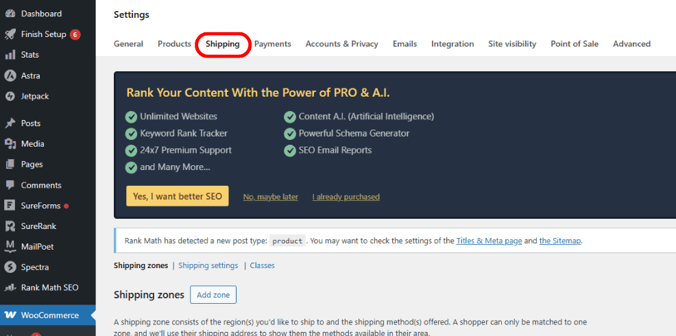woocommerce shipping settings page in wordpress dashboard