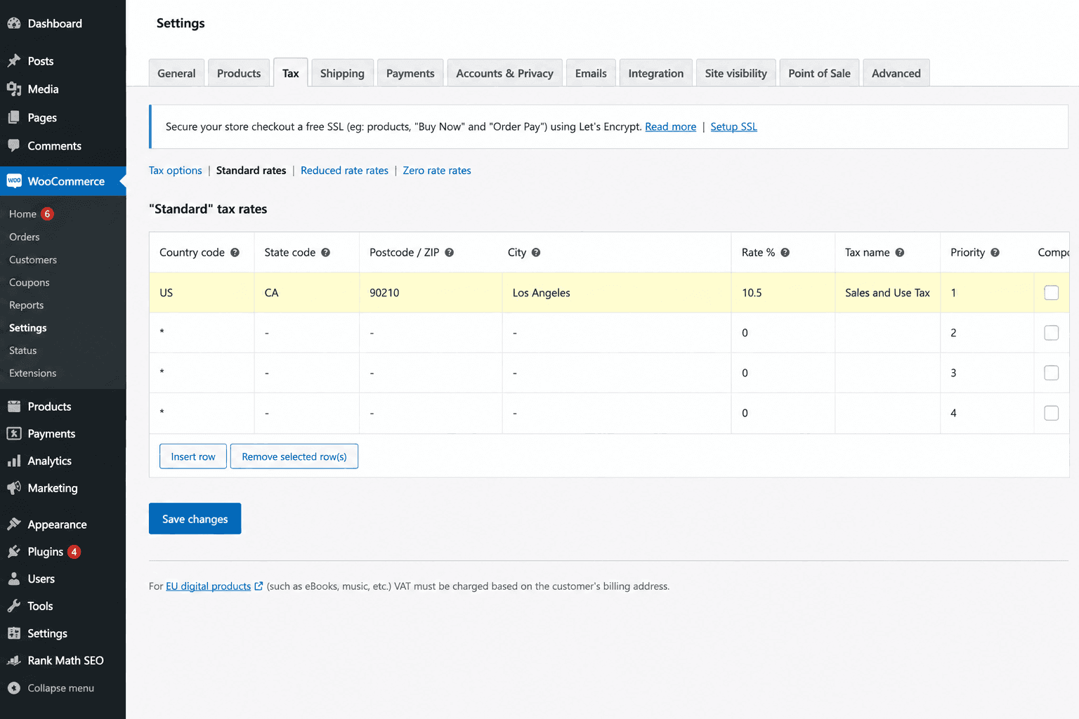 woocommerce standard rates tax settings table
