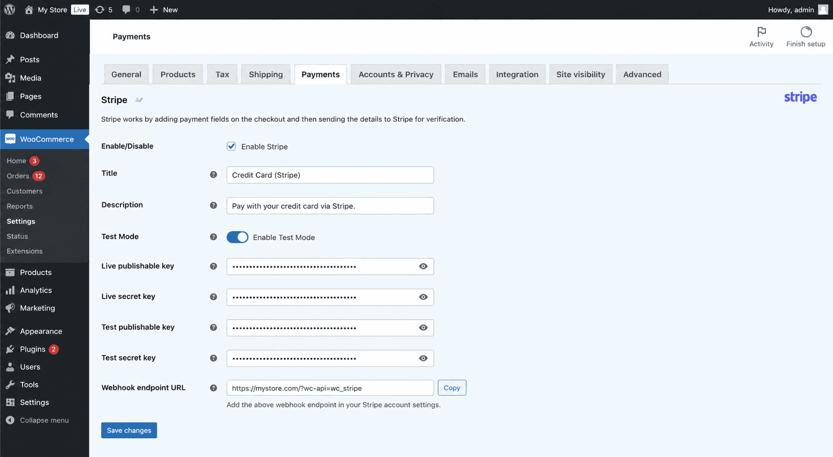 woocommerce stripe gateway settings panel showing the api key fields