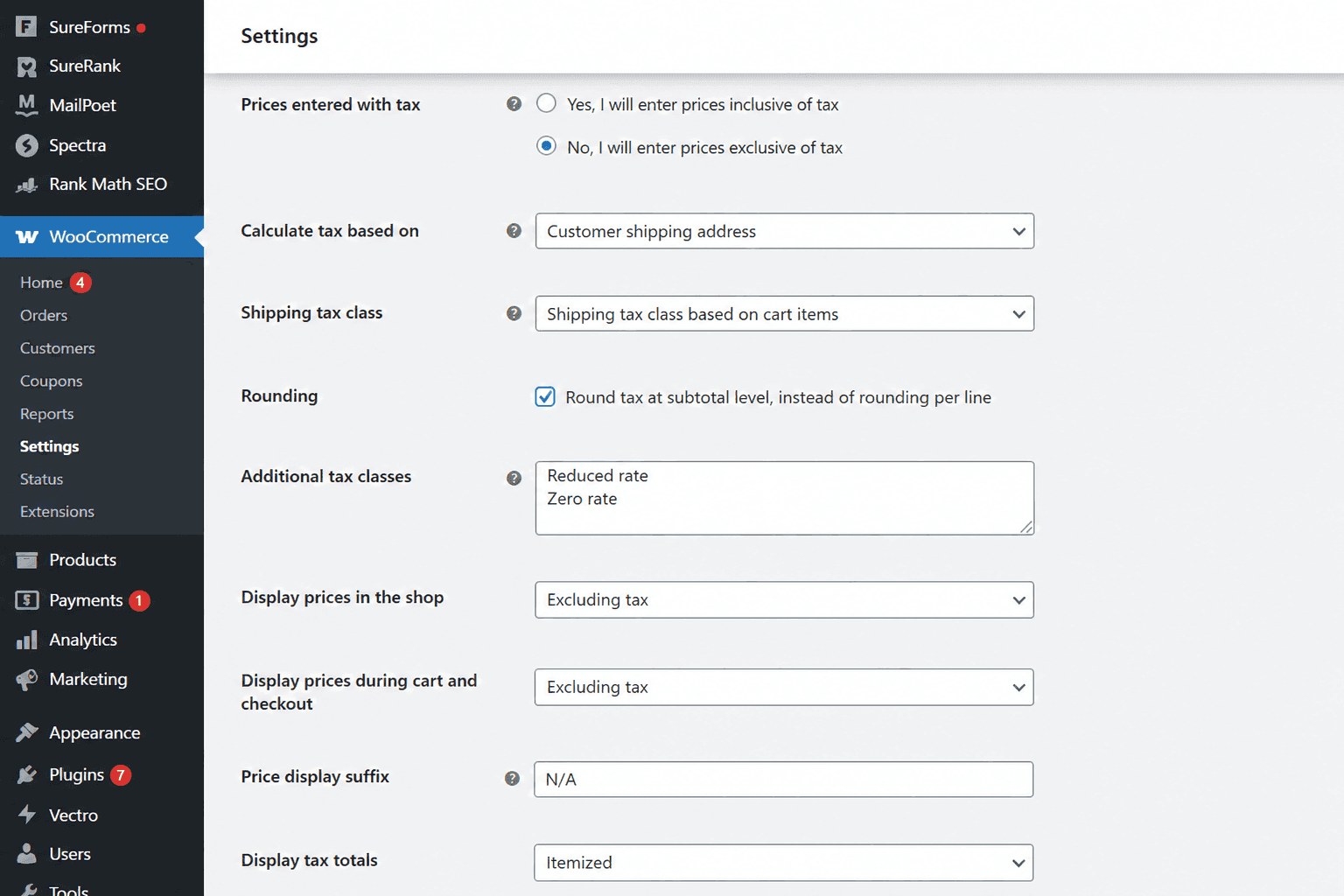 woocommerce tax settings showing tax calculation and display.