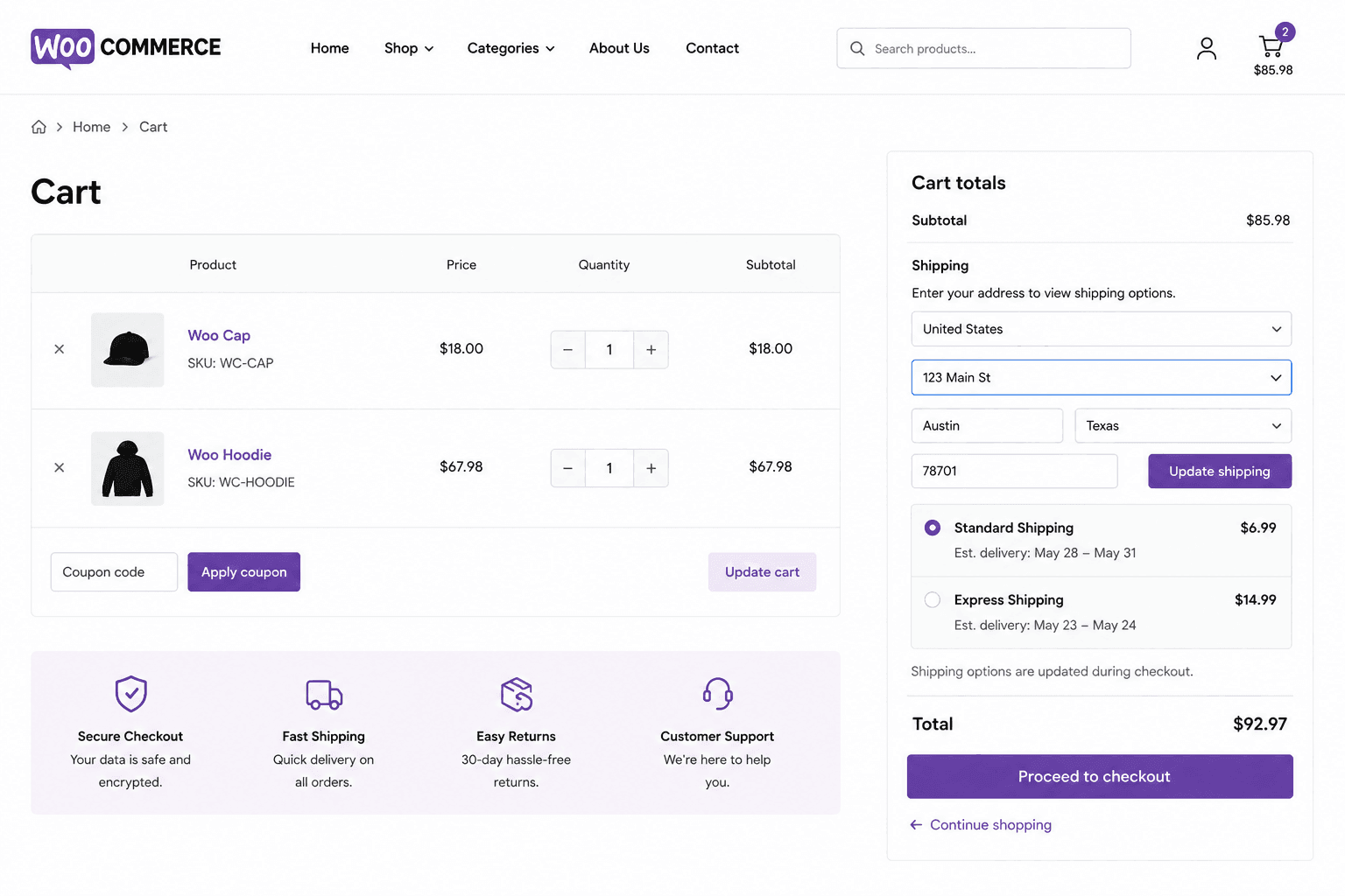 woocommerce cart showing shipping options and estimated delivery dates
