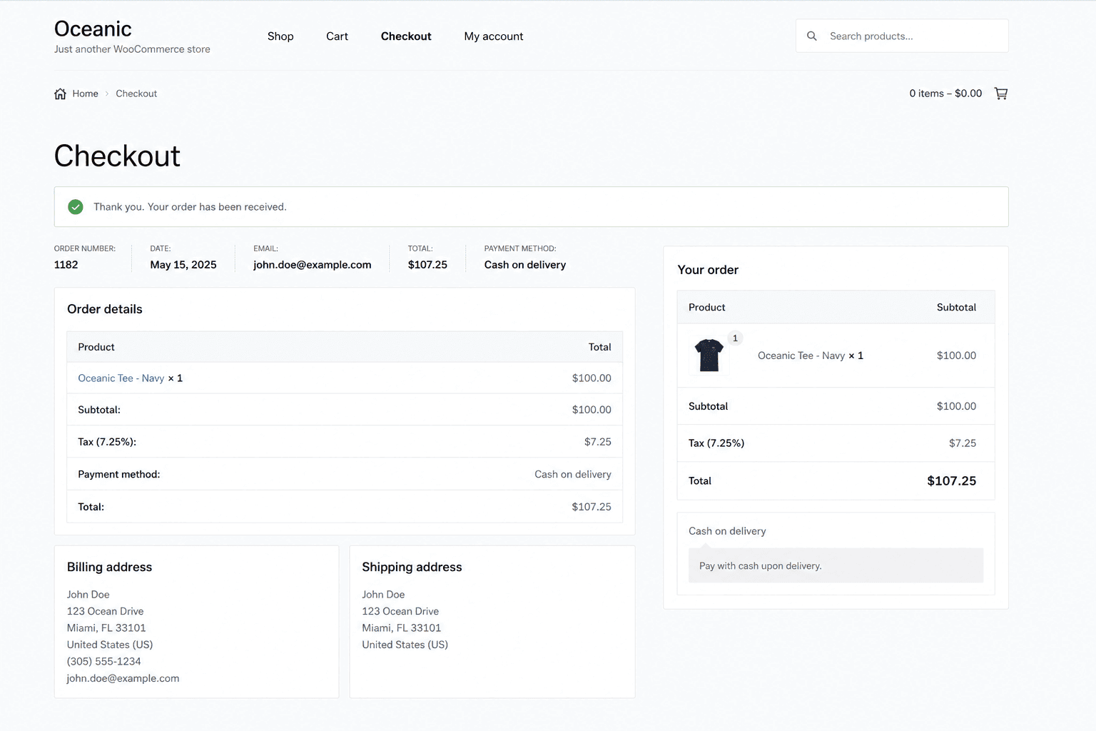 woocommerce checkout with completed test order and tax summary
