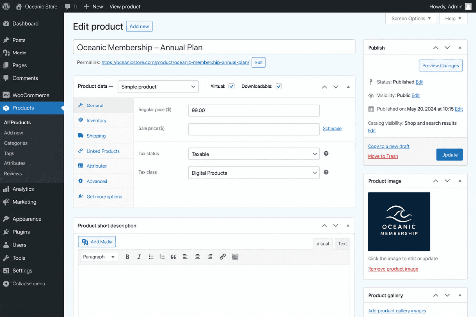 woocommerce digital product tax settings in product editor