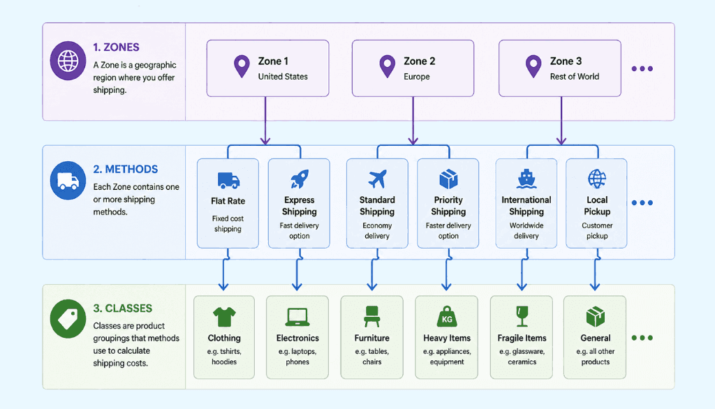 woocommerce shipping setup hierarchy with zones, methods and classes