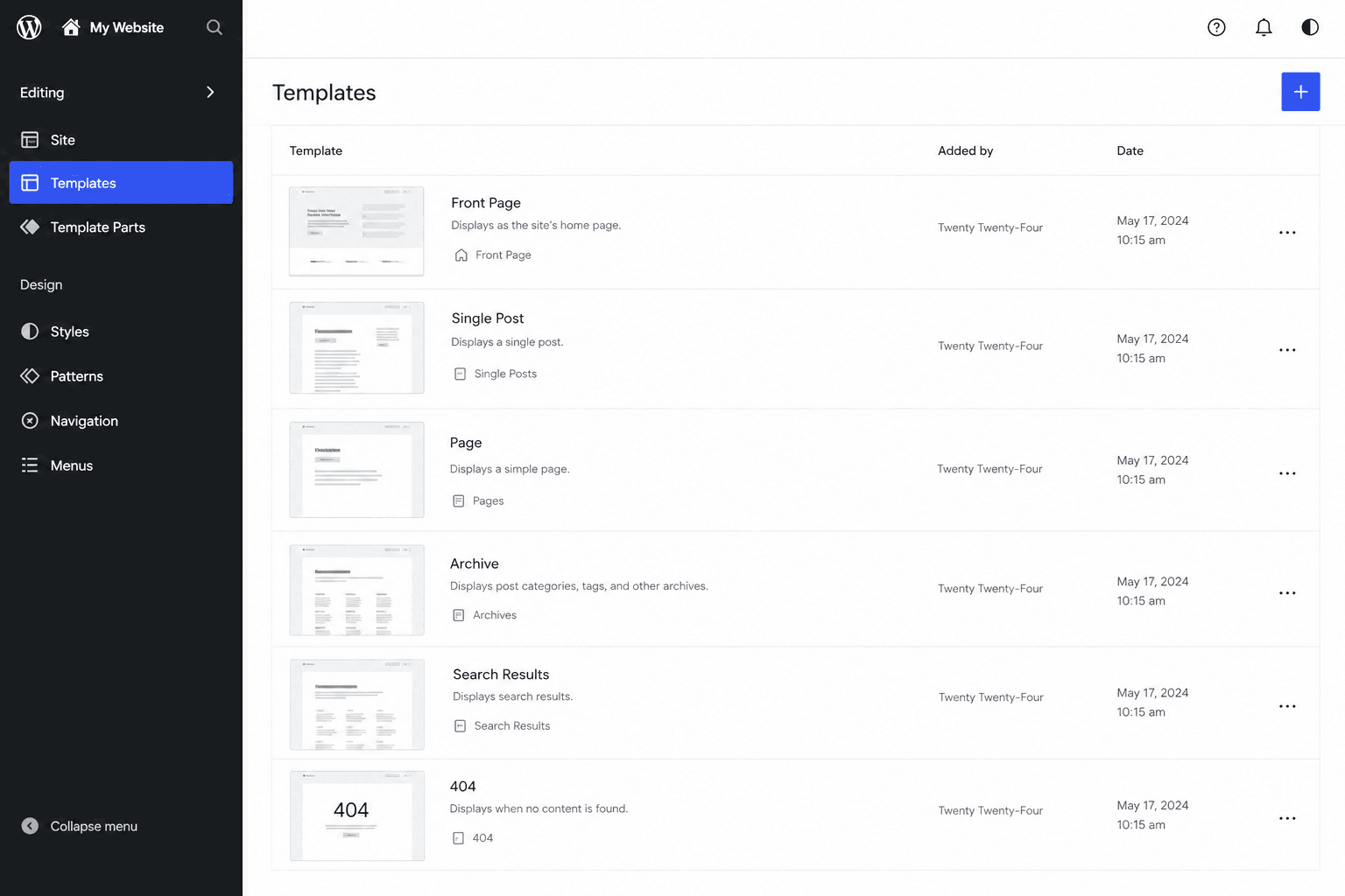 Full Site Editing with Gutenberg: Edit Headers, Footers, and Templates wordpress full site editing templates panel with template previews
