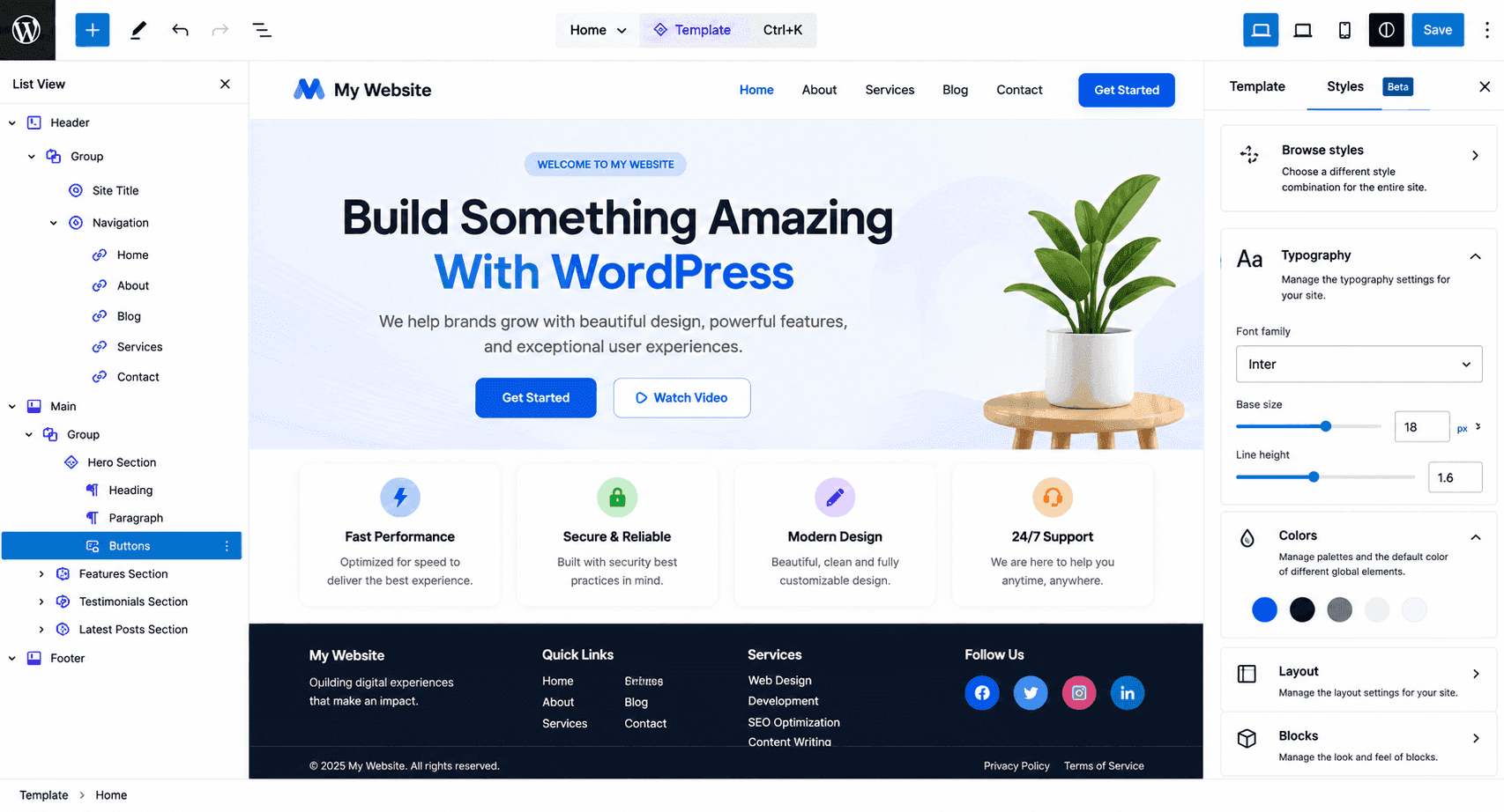 Full Site Editing with Gutenberg: Edit Headers, Footers, and Templates wordpress site editor showing global styles settings