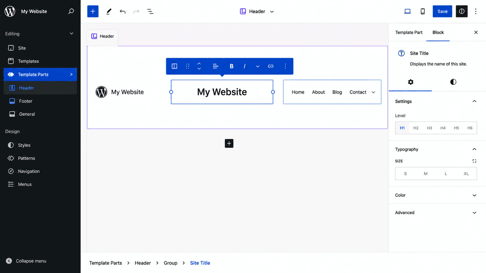 Full Site Editing with Gutenberg: Edit Headers, Footers, and Templates wordpress site editor with header template and navigation blocks