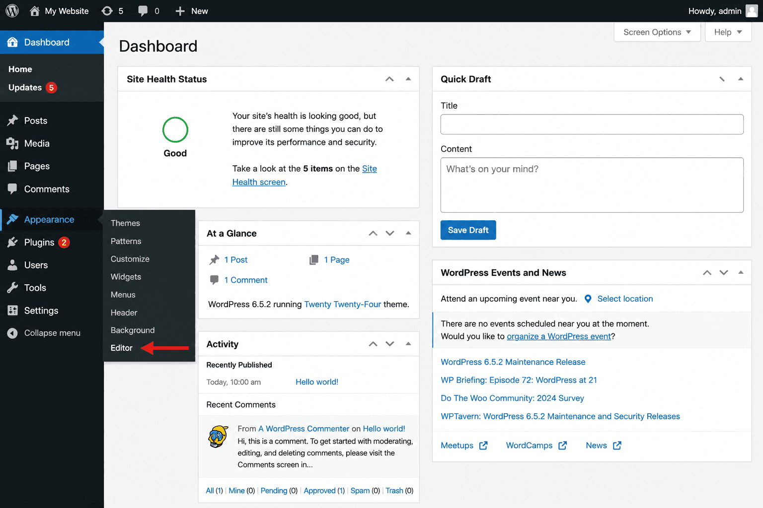 Full Site Editing with Gutenberg: Edit Headers, Footers, and Templates wordpress dashboard showing appearance editor menu