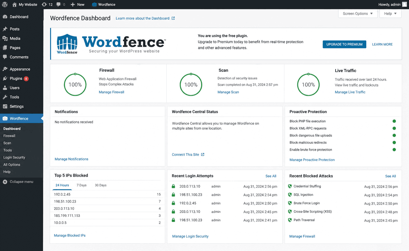Hardening WordPress: Advanced Security Measures for Business Sites wordfence security dashboard showing scan results and blocked attacks