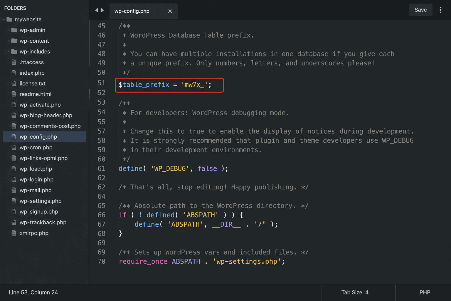 Hardening WordPress: Advanced Security Measures for Business Sites wp config.php file showing custom wordpress table prefix configuration