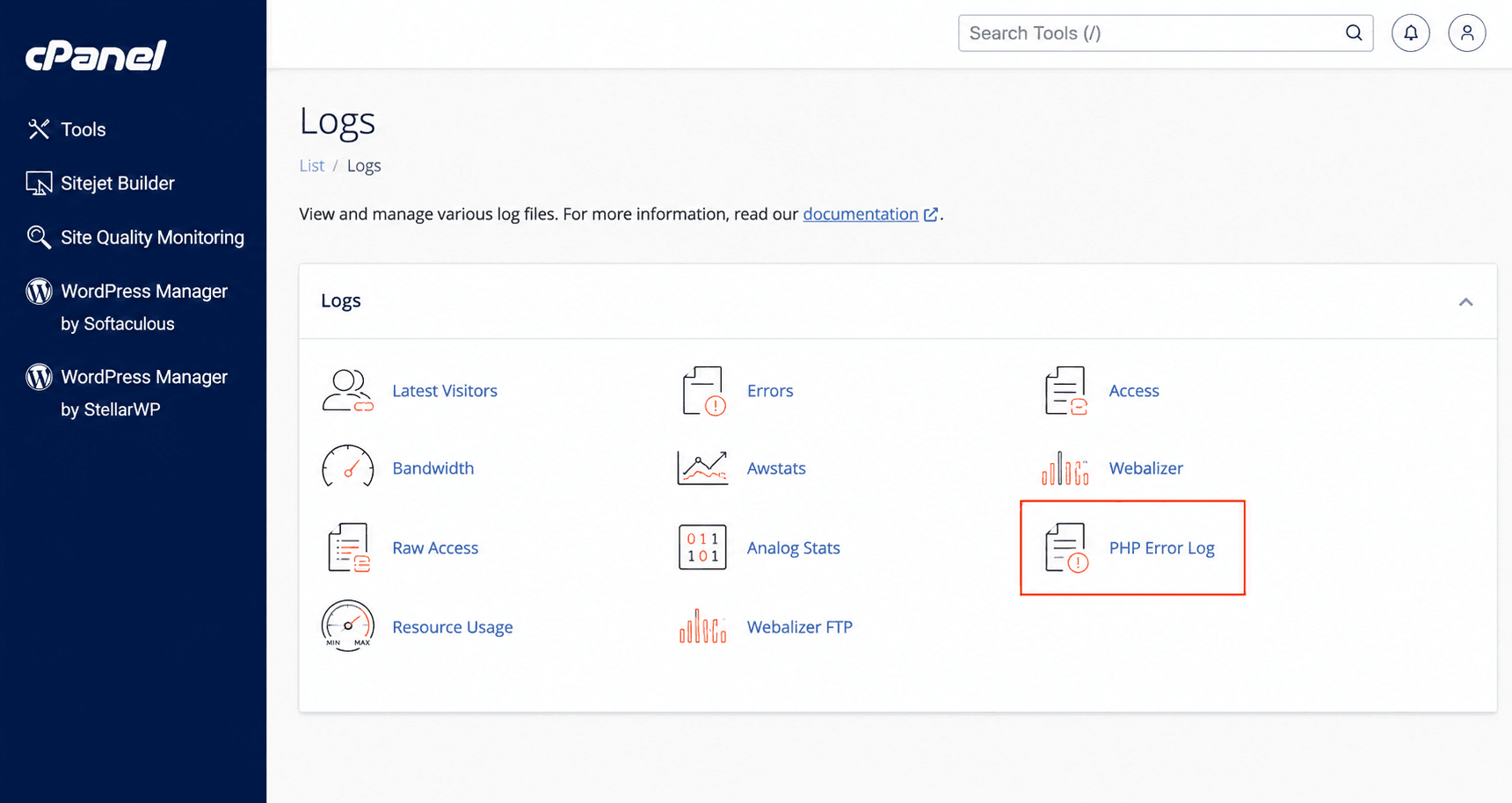 WordPress Error Messages Explained: What They Mean and How to Fix Them hosting control panel showing the php error log