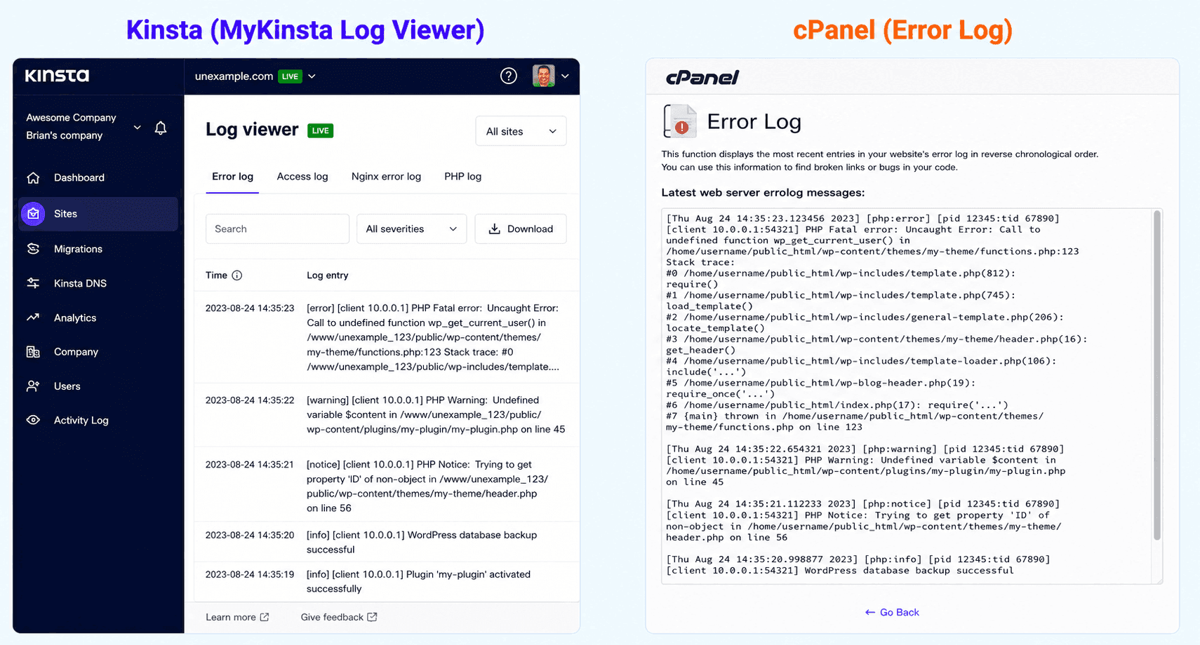 WordPress Logs and Error Reporting: Monitor Your Site Health kinsta and cpanel error log interfaces compared
