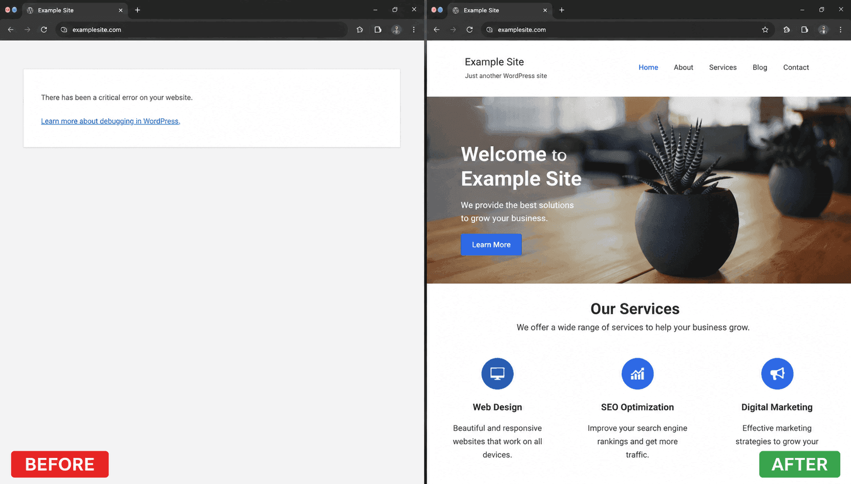 WordPress Error Messages Explained: What They Mean and How to Fix Them wordpress critical error before and after fix