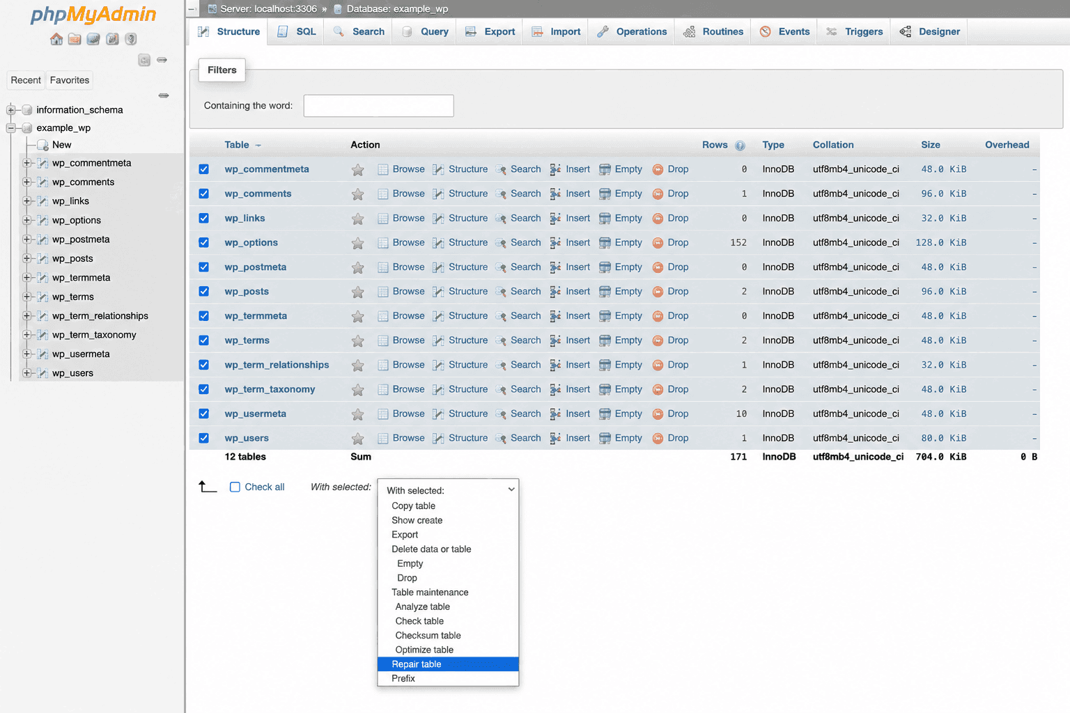 WordPress Error Messages Explained: What They Mean and How to Fix Them phpmyadmin showing wordpress database tables and repair table option