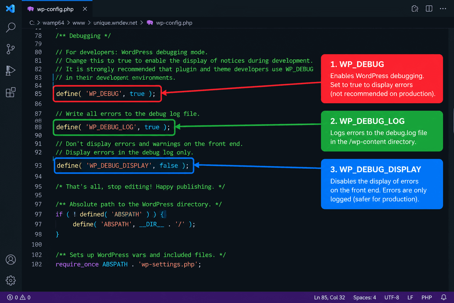 WordPress Logs and Error Reporting: Monitor Your Site Health wp config.php with wp debug constants highlighted