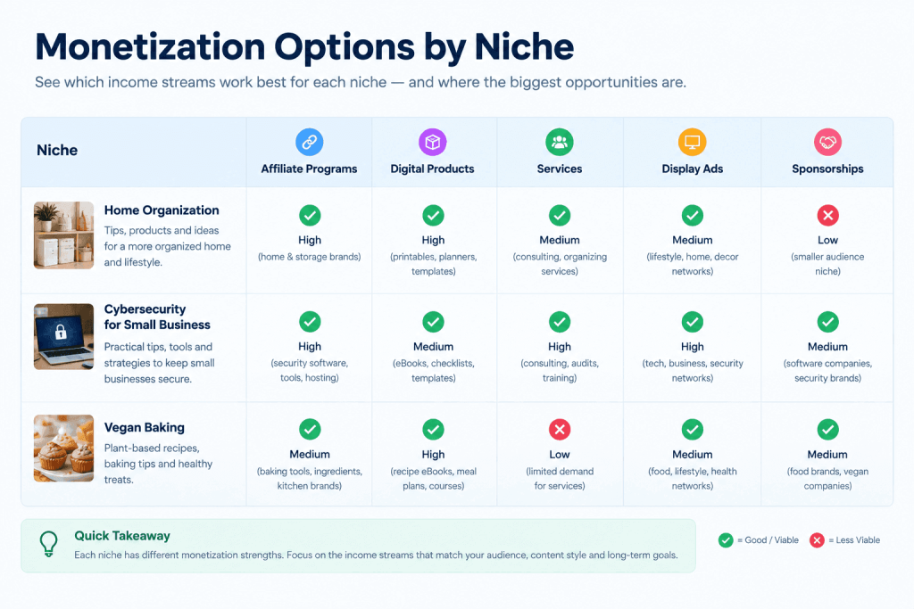 Niche Selection Framework: Finding Profitable Markets for Online Business niche comparison table for monetization opportunities