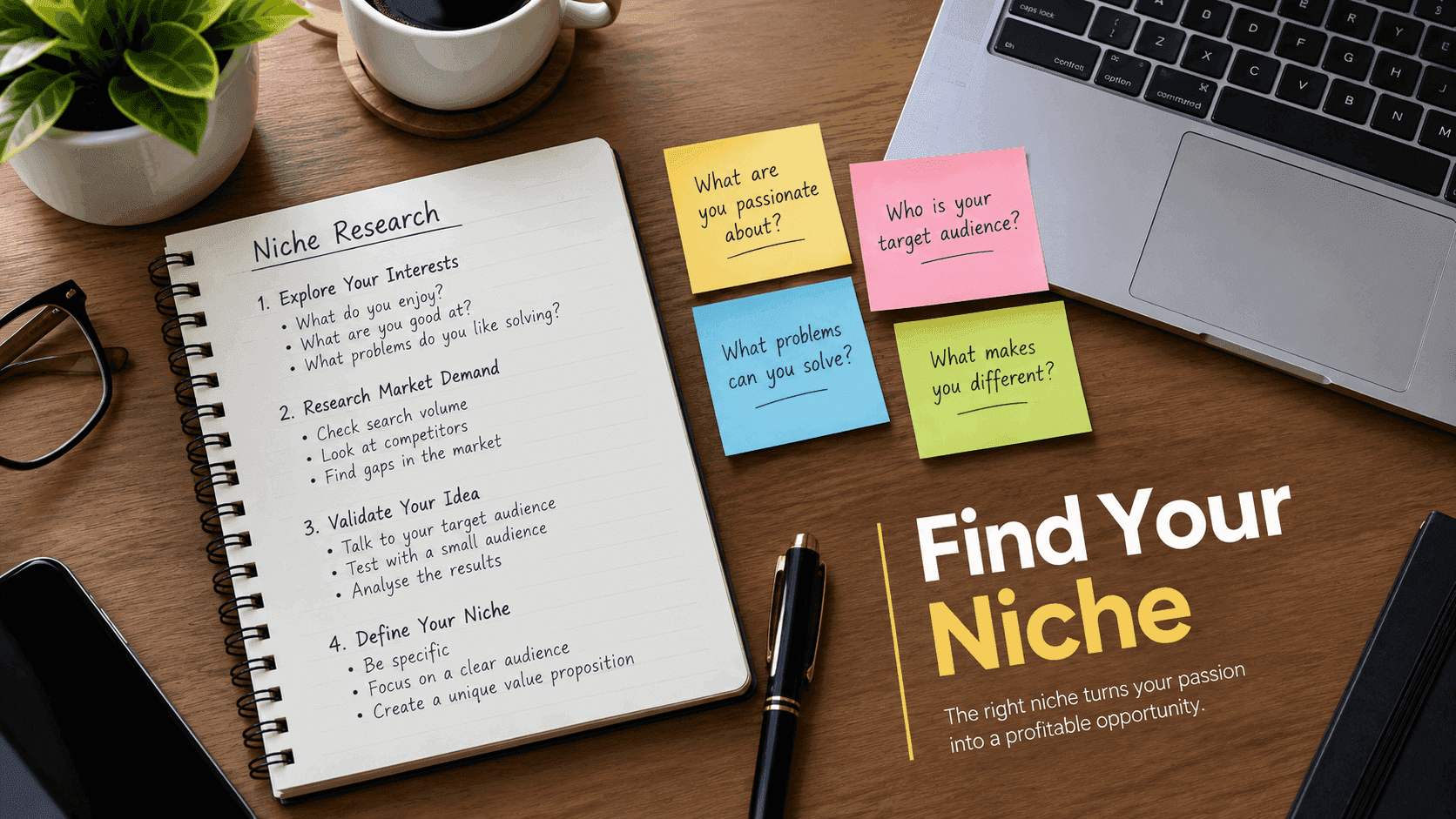 Niche Selection Framework: Finding Profitable Markets for Online Business niche research with notebook, laptop, and sticky notes